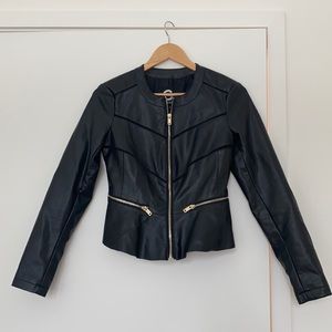 Black Guess leather jacket. Flattering cut!